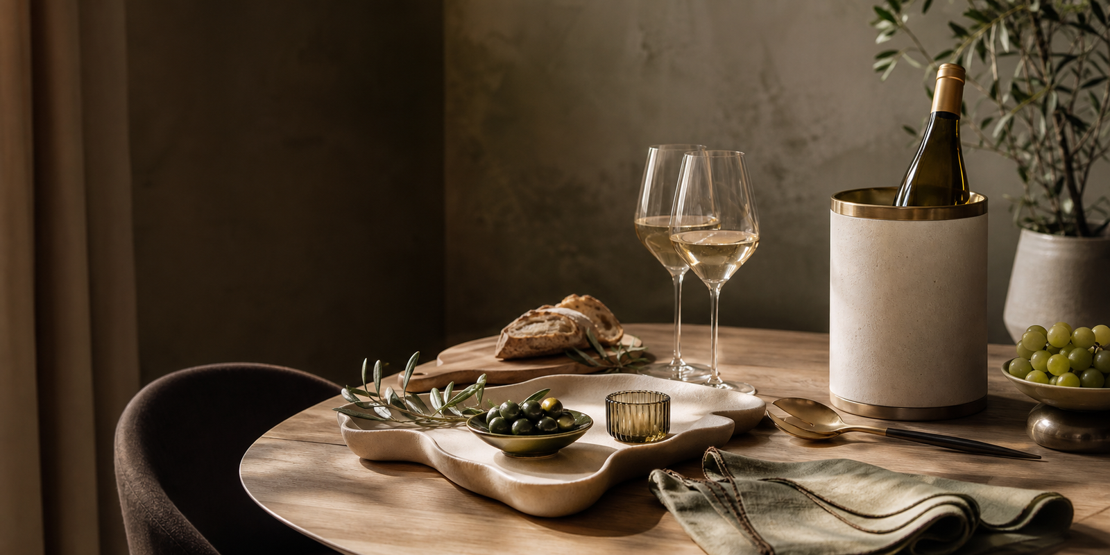 Aspiracove serving tray, wine glasses, linens and entertaining essentials arranged on a dining table